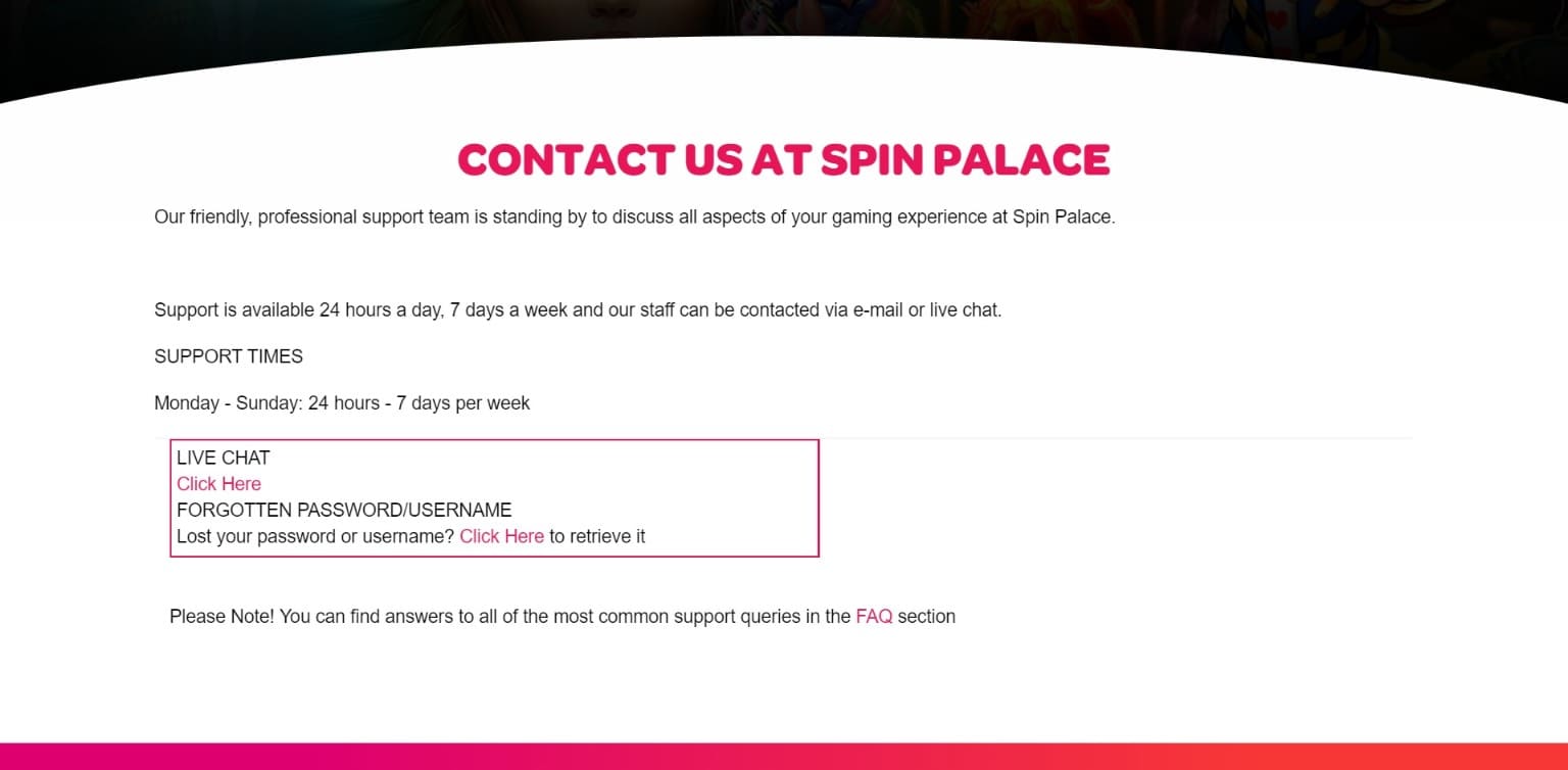 Kontakty podpory Spin Palace Casino