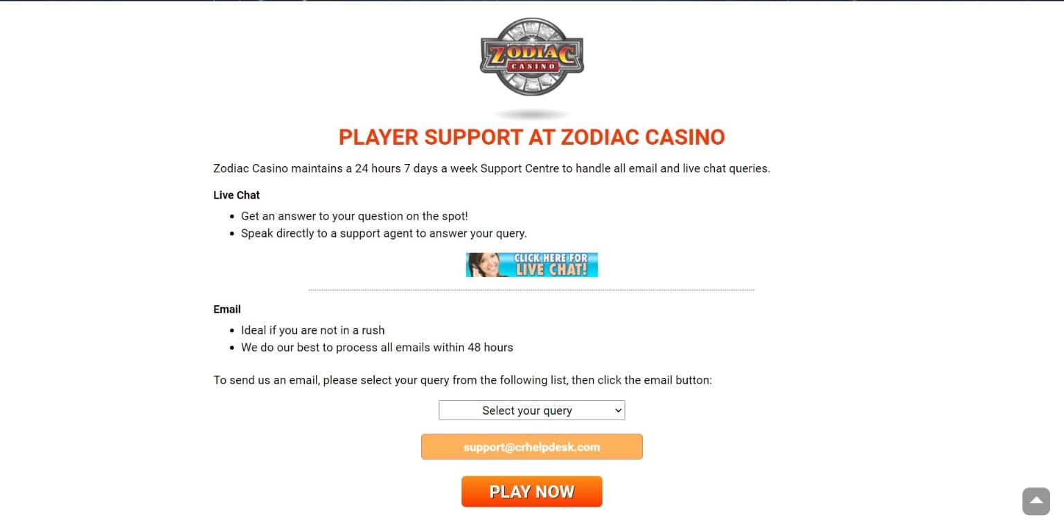 Kontakty podpory Zodiac Casino